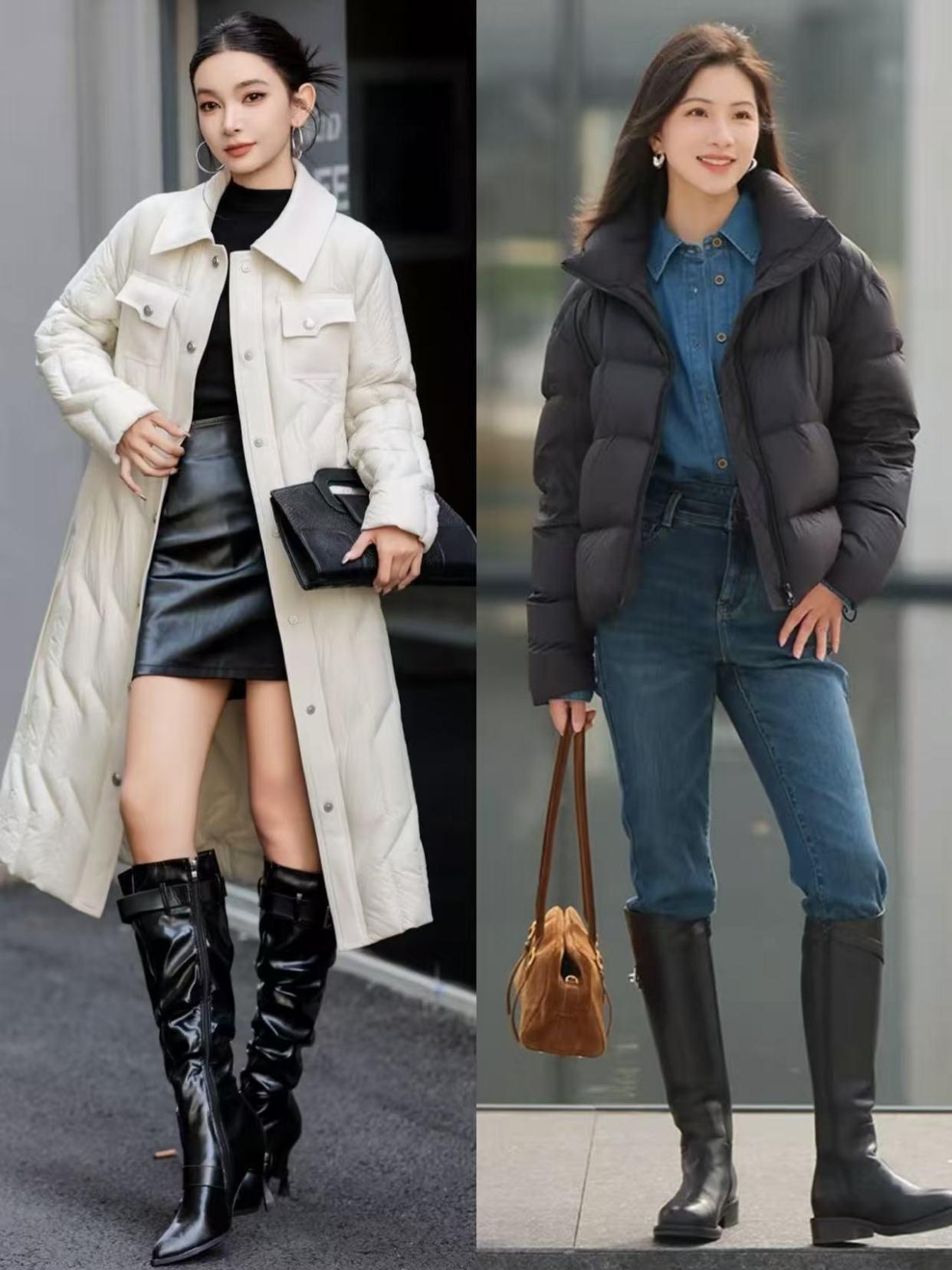 冬季穿搭短外套修身长裤长筒靴_杨幂时尚搭配技巧_长靴女明星